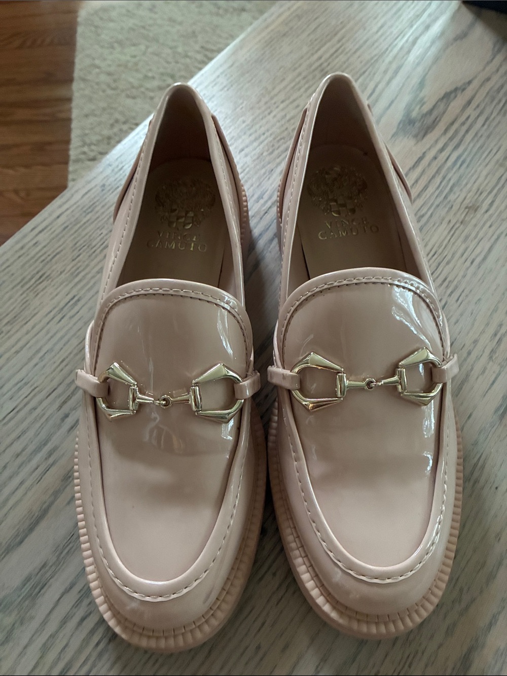 Vince Camuto Patent Loafers in Blush Pink with Gold Hardware